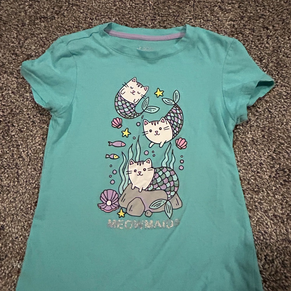 bcg Teal Short Sleeve Tee with Mermaid Cat Graphic